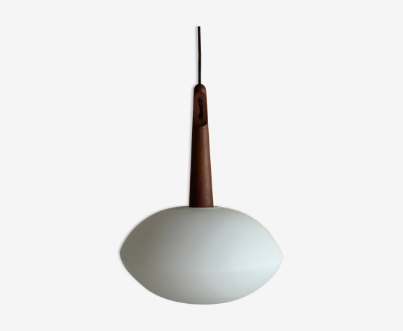 Vintage Scandinavian opaline teak pendant lamp from Uno and Östen Kristiansson for Luxus