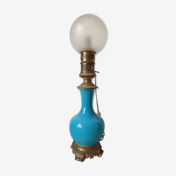 Lampe en céramique turquoise monture en bronze signée Gagneau