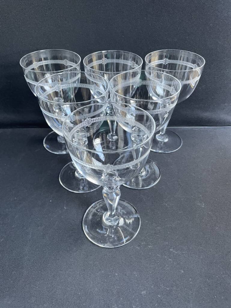 6 water glasses in light blown, cut and guilloché crystal