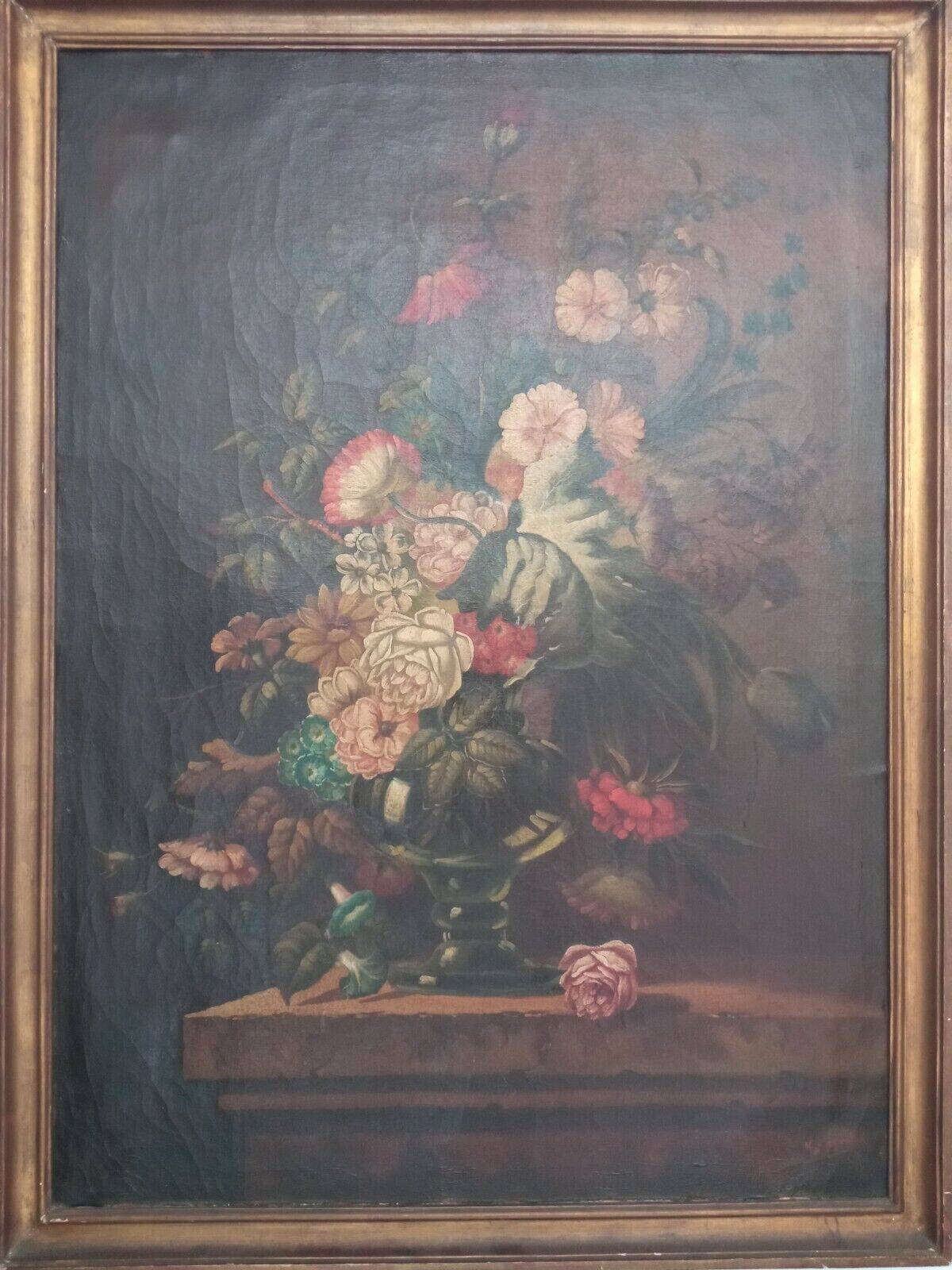 Old painting Bouquet of flowers oil on canvas still life 19th century