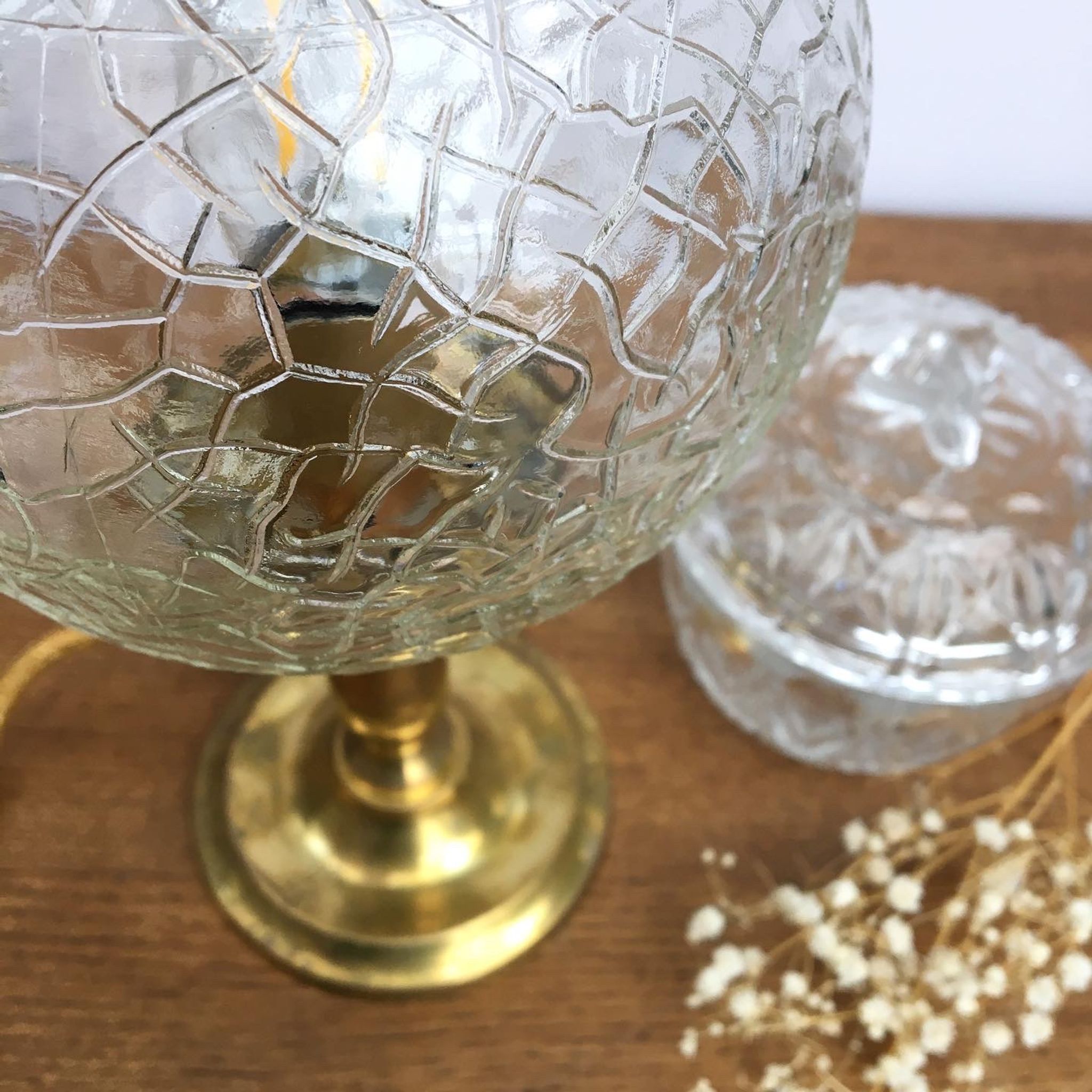 Vintage brass base lamp and glass globe cracked effect