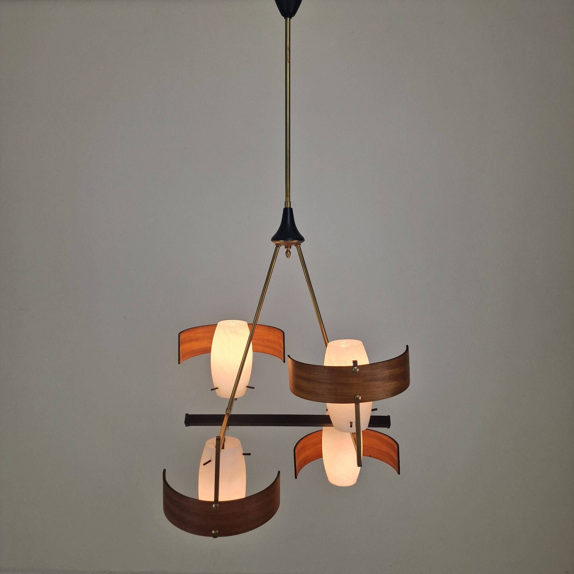 Italian Brass, Teak and Opaline Glass Chandelier by Stilnovo, 1960's