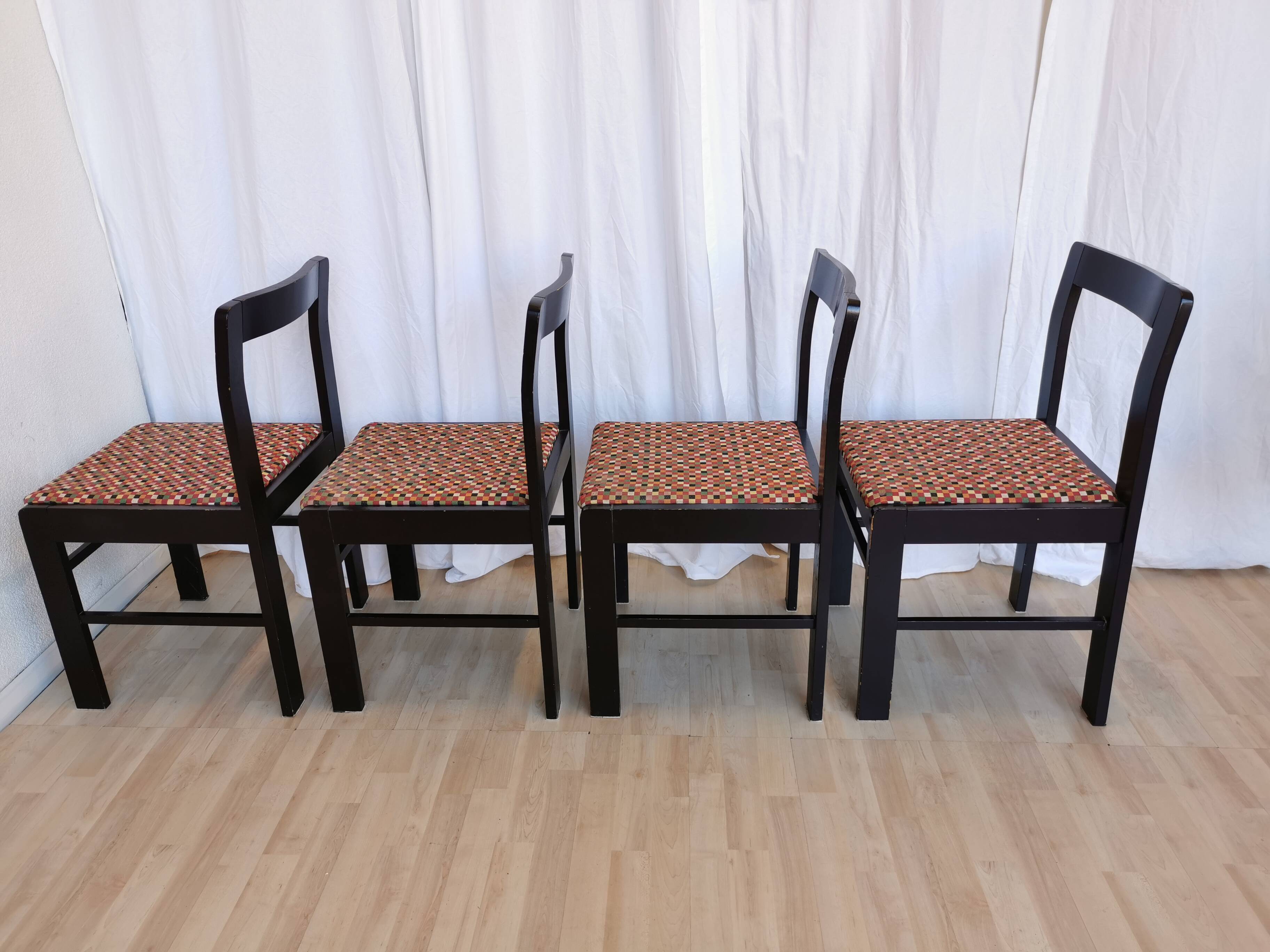 Vintage Black Wooden Dining Chairs: Retro Fabric Seats, 1970s Yugoslavia (S