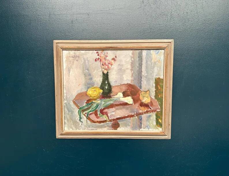 Original Swedish Oil on Panel – "Vase and Vegetables" by Arne Kilsby – Signed – Vintage and Framed – 54 × 46 cm (21.3" × 18.1")