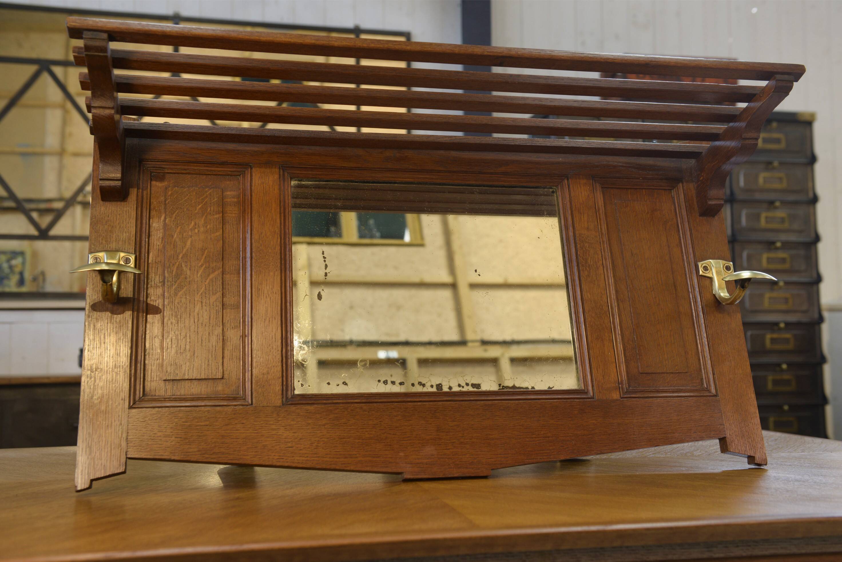 Solid oak coat rack and 2 brass hooks, Art Deco 1930s