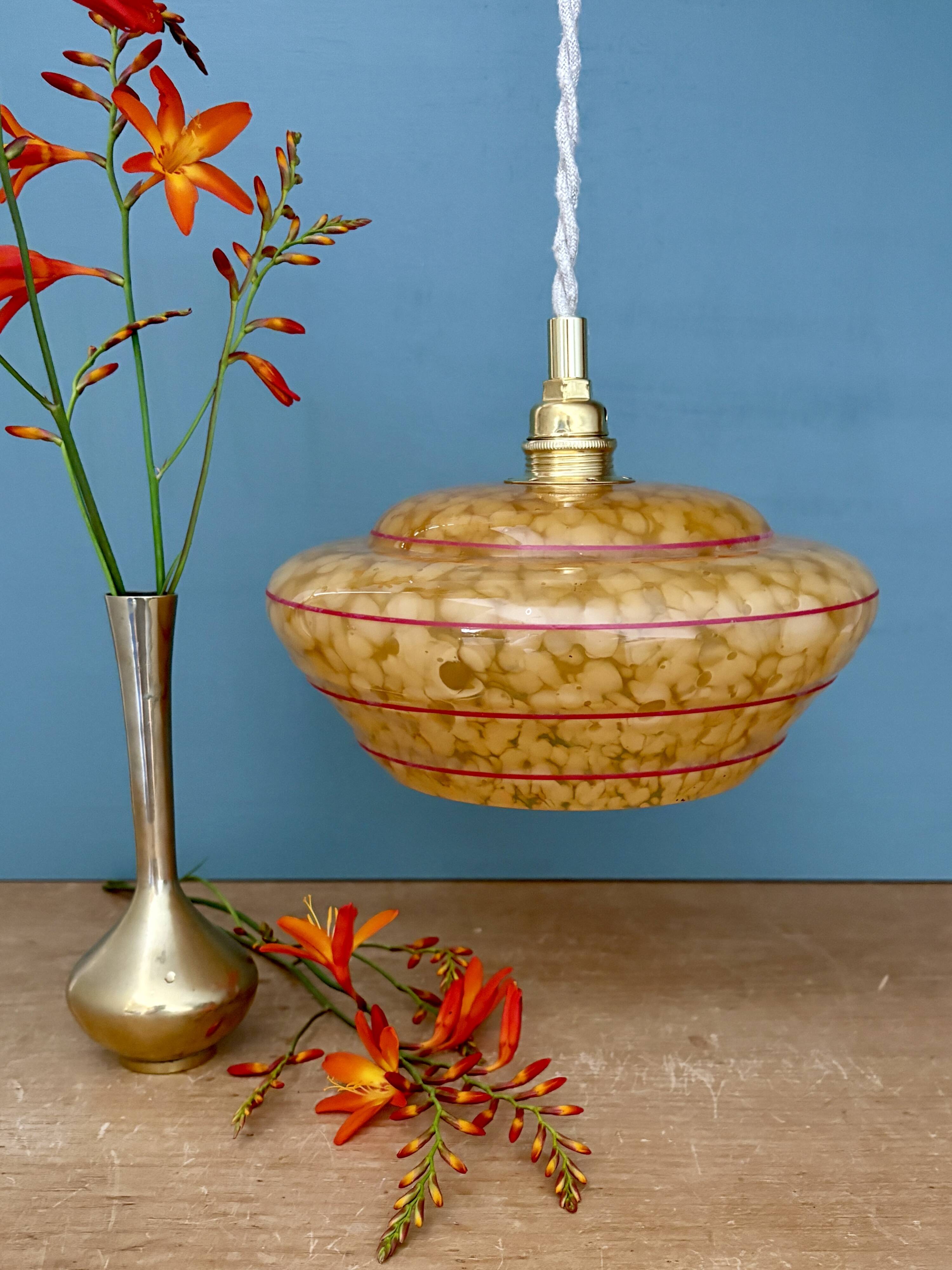 Vintage pendant lamp shade in yellow Clichy glass with red trim