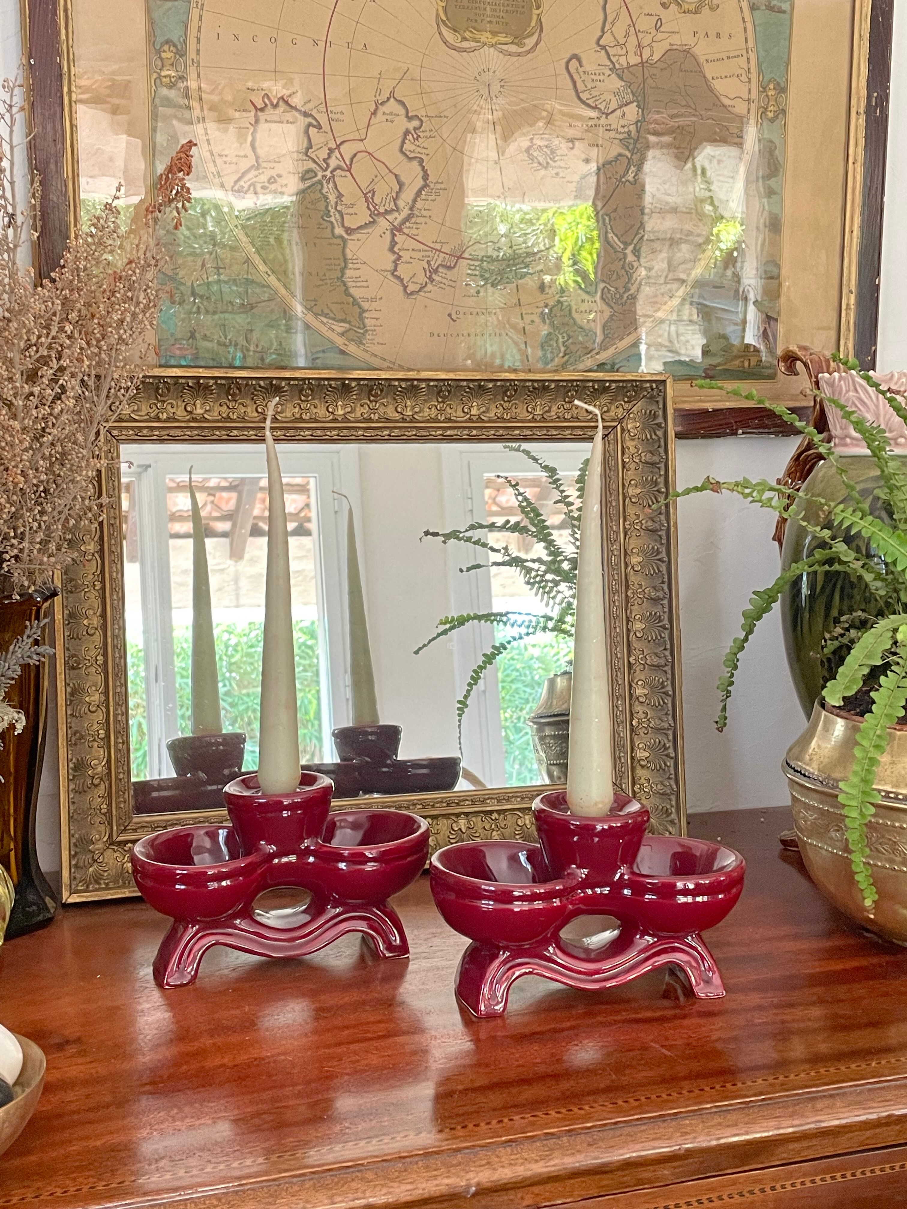 Pair of vintage glazed ceramic candle holders