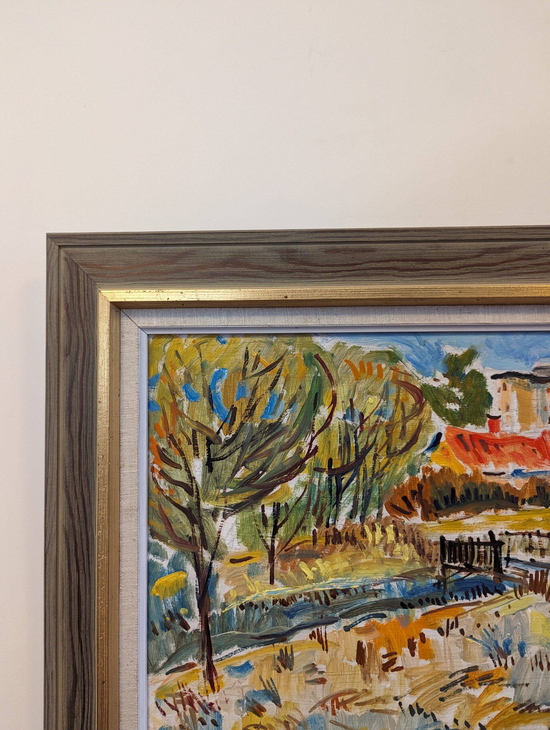 Mid-Century Modern Swedish "Fauvist Field" Vintage Landscape Oil Painting, Framed