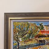 Mid-Century Modern Swedish "Fauvist Field" Vintage Landscape Oil Painting, Framed