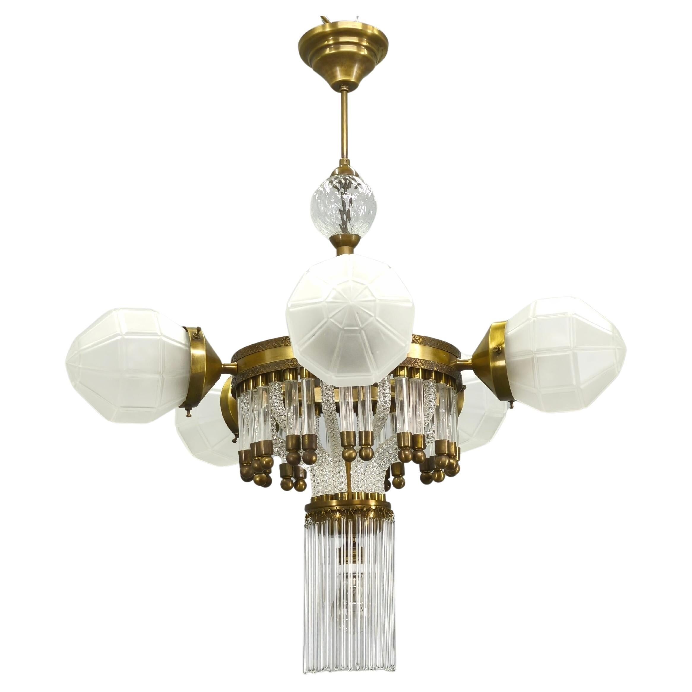 Czech Art Deco Brass and Glass Chandelier, 1950s