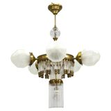 Czech Art Deco Brass and Glass Chandelier, 1950s