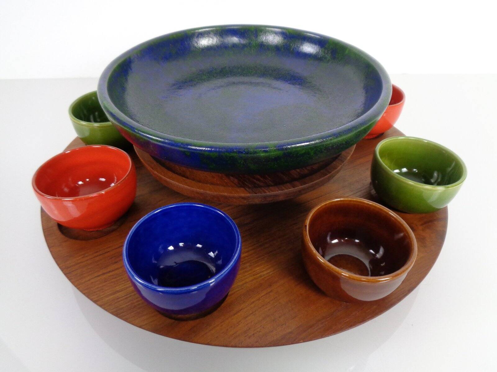 Rotating Teak Tray with Ceramic Bowls, Denmark, 1960s, Set of 10