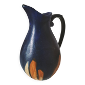 Blue stoneware pitcher with ochre drips – 1960s modernist style