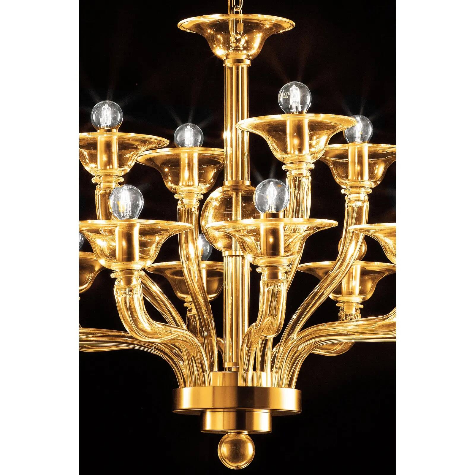 Modern Amber Linear Murano Glass Gold Chandelier in Contemporary Style