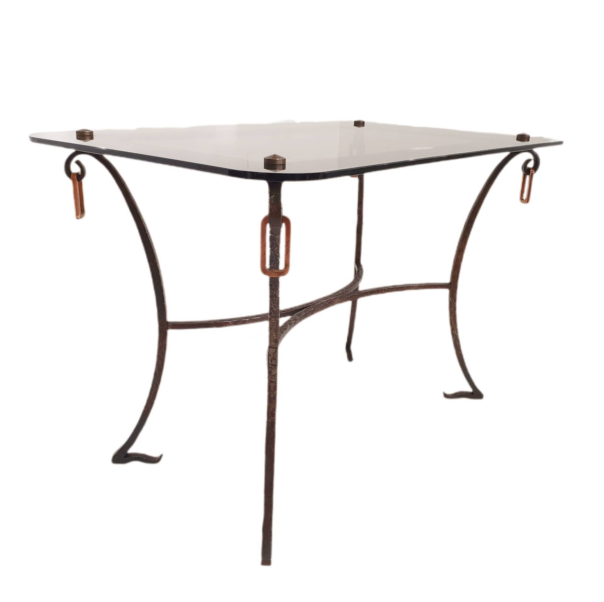 1960s/70s coffee table in wrought iron and smoked glass.