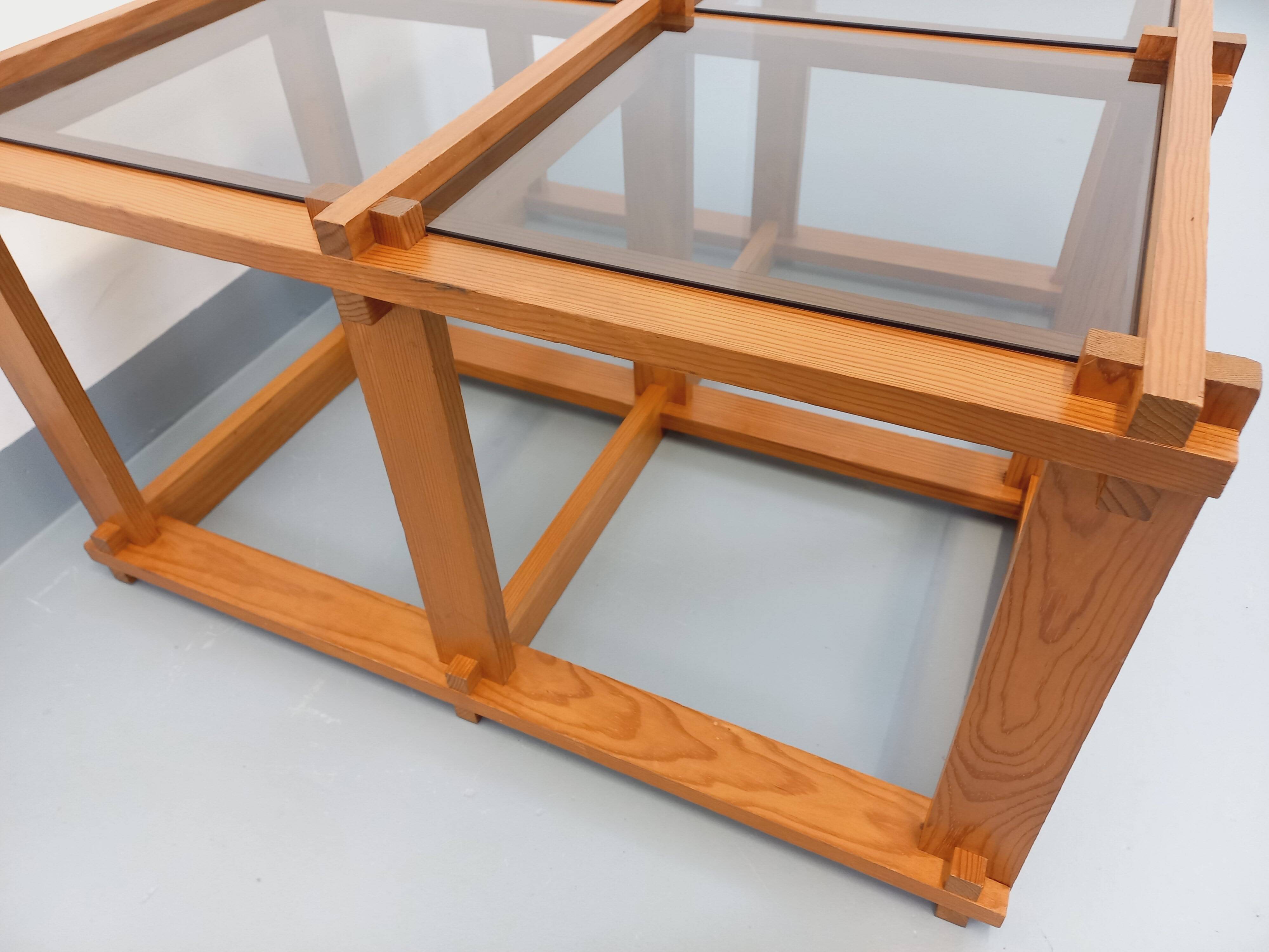 Vintage square coffee table in pine and smoked glass from the 70s and 80s.