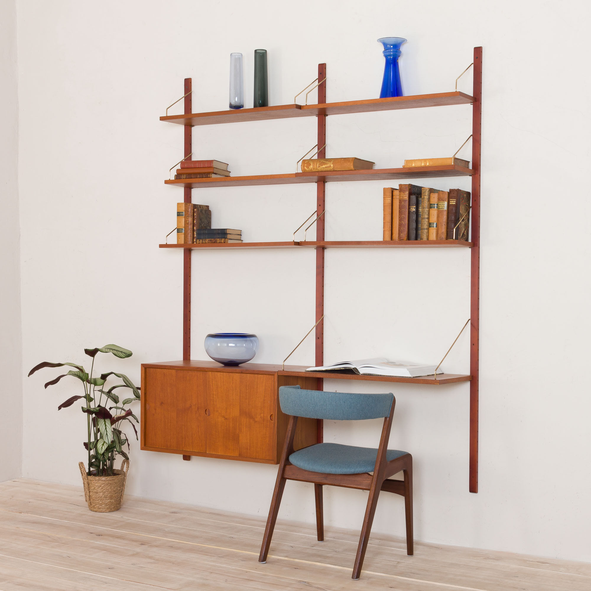 Teak wall unit 6 shelves with desk and cabinet