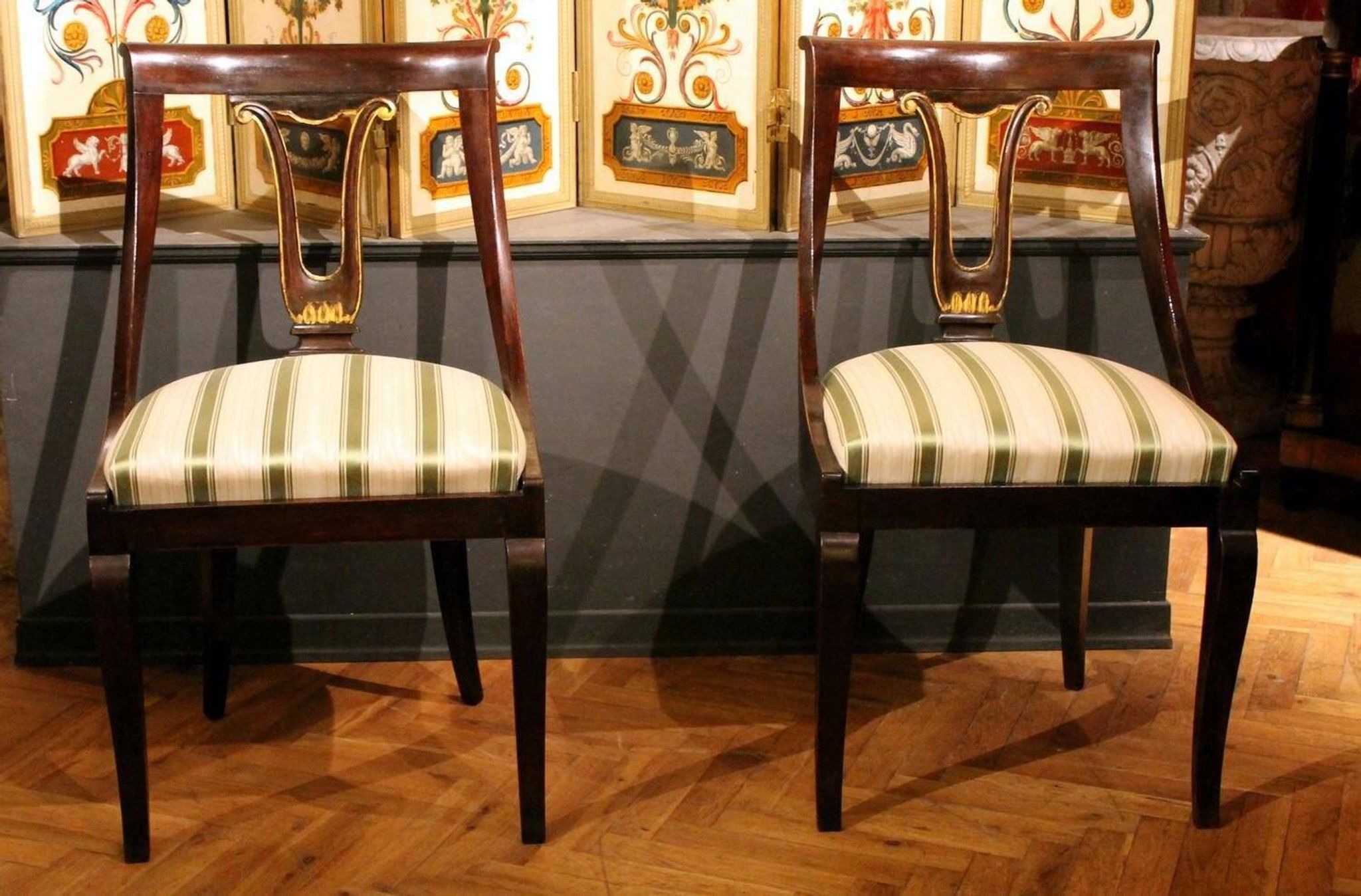 18th Century French Directoire Mahogany Chairs with Silk Blend Upholster Fabric, Set of 4