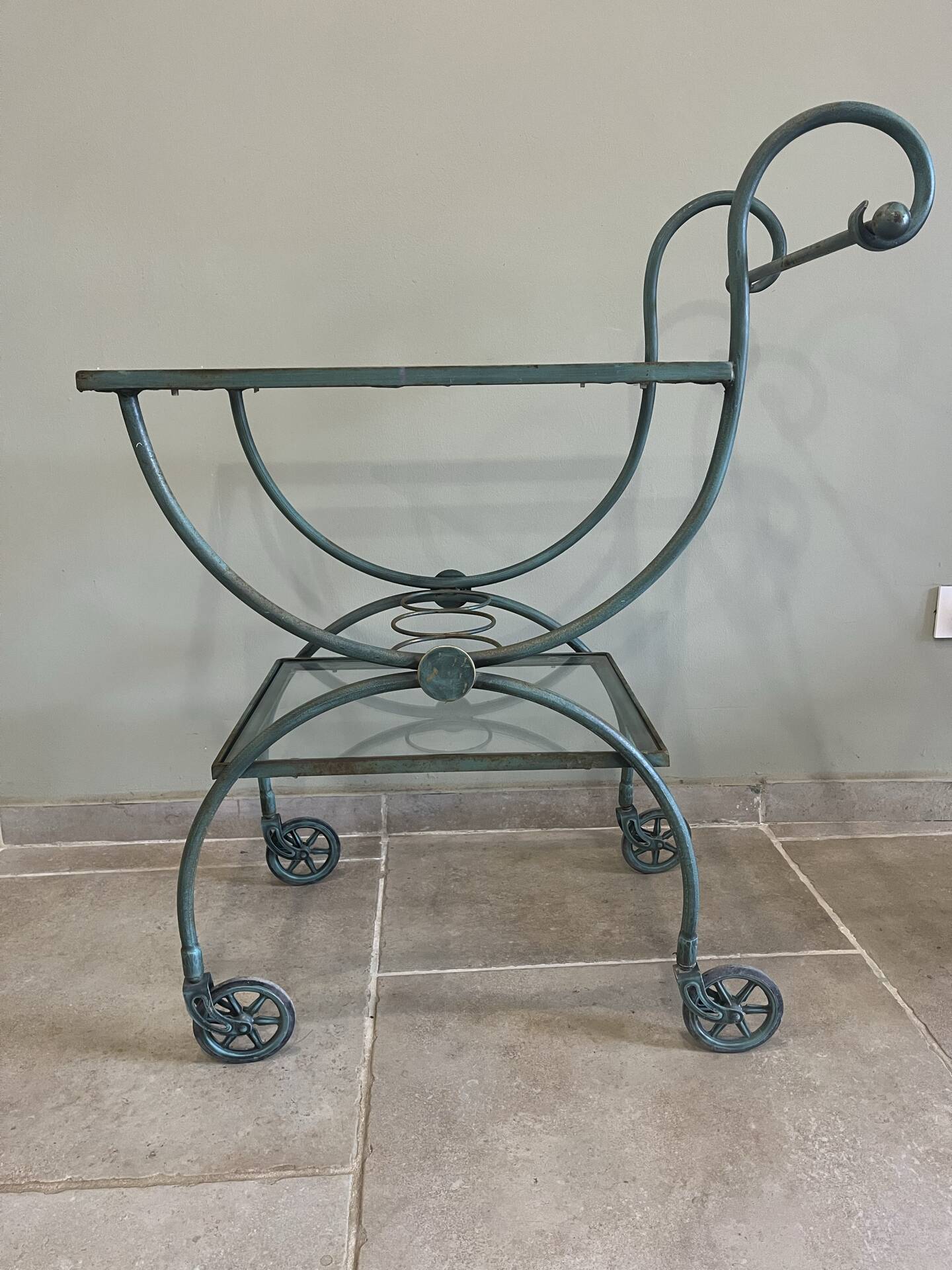 Patinated green-grey wrought iron dessert table