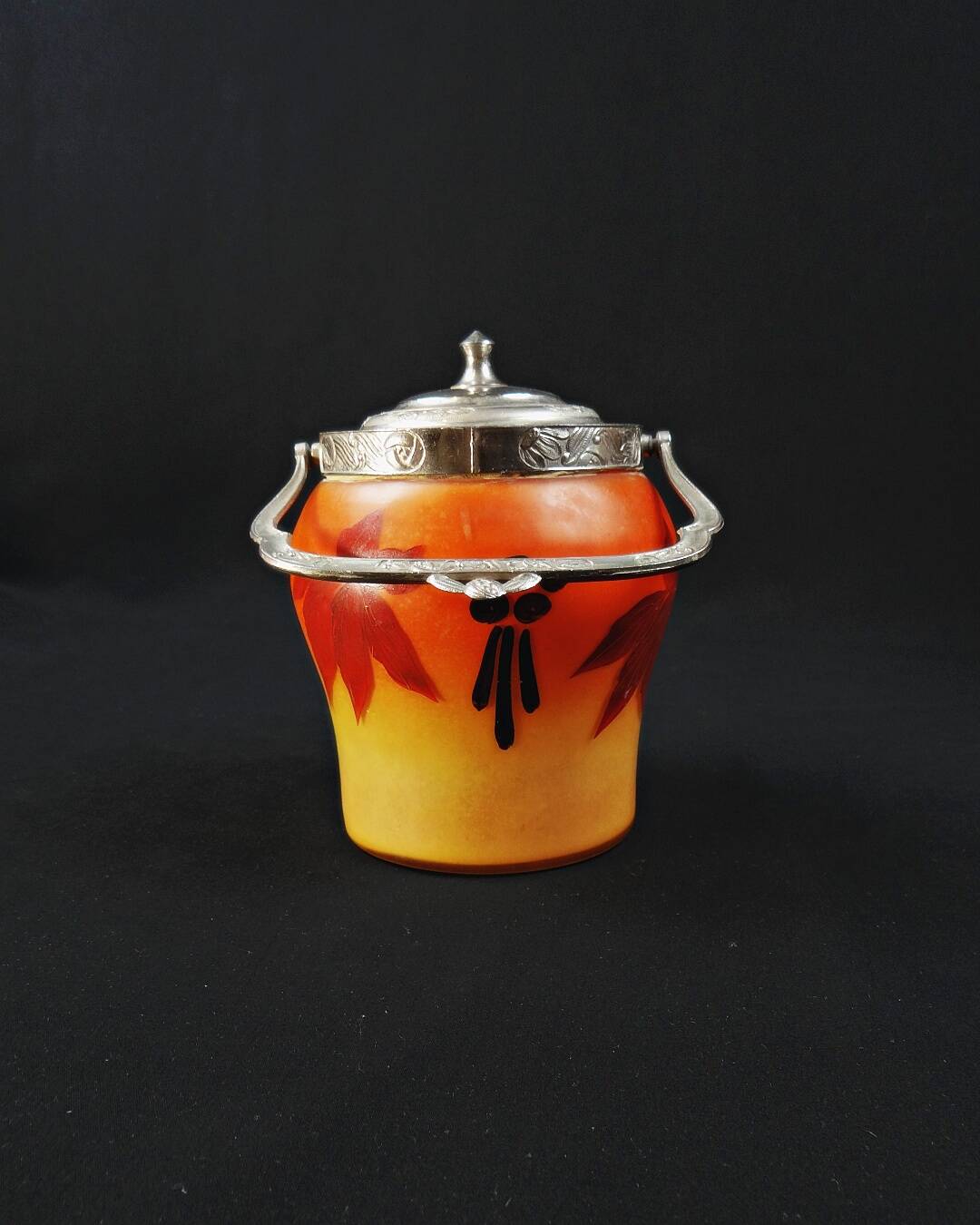 Legras-Montjoye enameled & painted glass biscuit bucket, Art Deco period