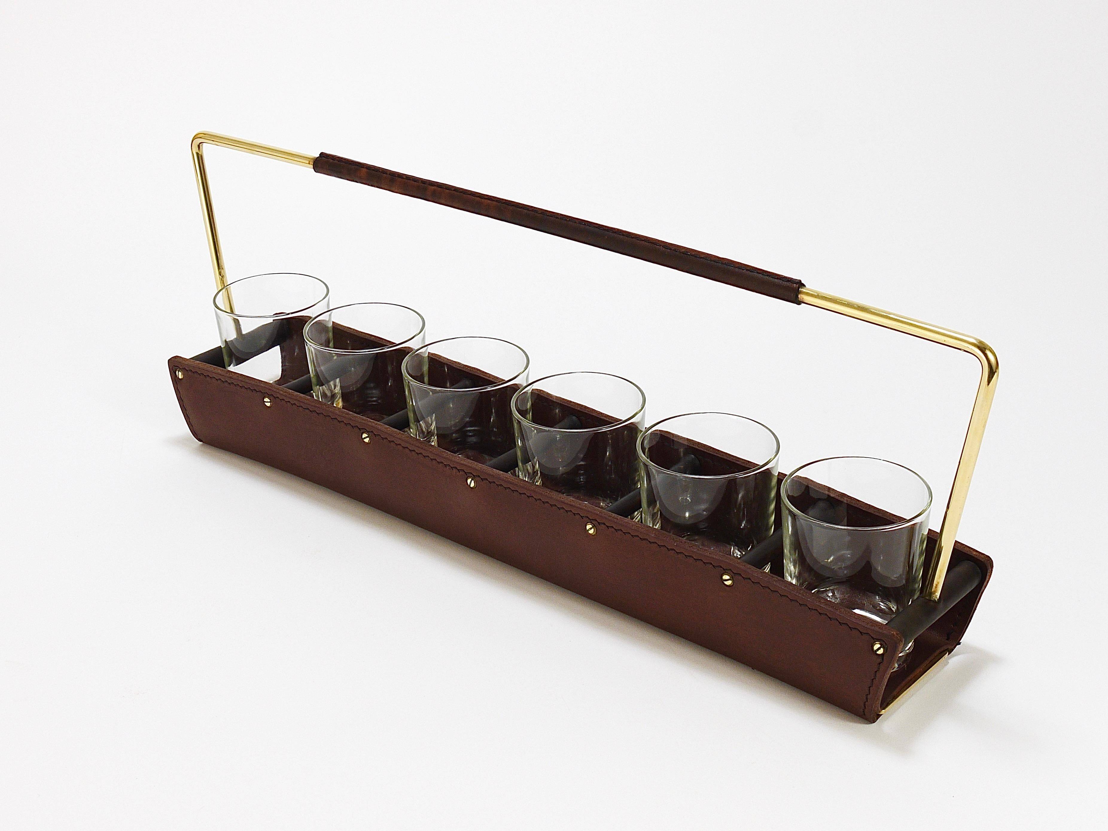 Carl Auböck II drinking glass holder, leather and brass, Austria 1950s