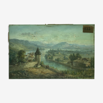 Ancient painting , Swiss landscape, signed and dated 1894