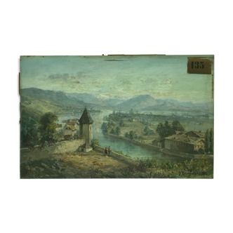 Ancient painting , Swiss landscape, signed and dated 1894