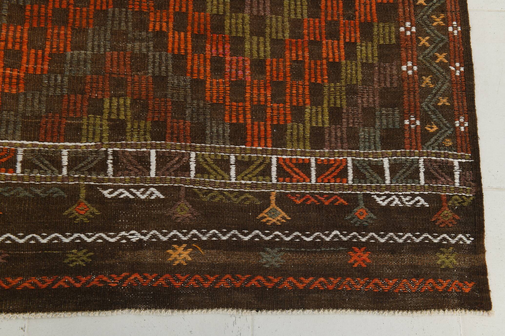 Tapis Kilim Tribal Vintage – Motifs Géométriques Terre & Orange, 207x301 Cm