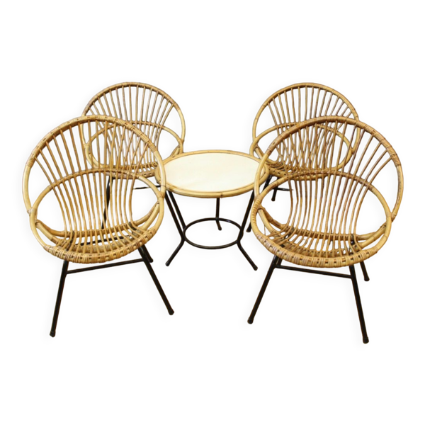Salon en rotin et fer laqué noir par Rohe Noordwole vers 1950