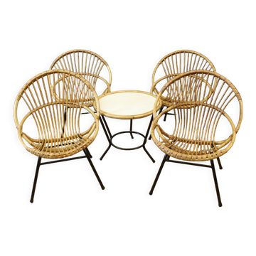 Living room in rattan and black lacquered iron by Rohe Noordwole circa 1950
