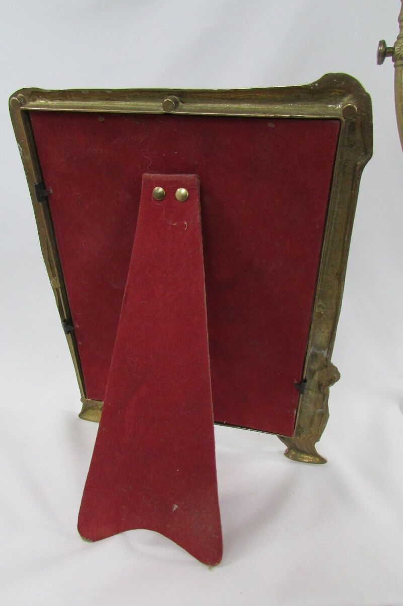 Tilting table mirror and art nouveau photo holder in bronze