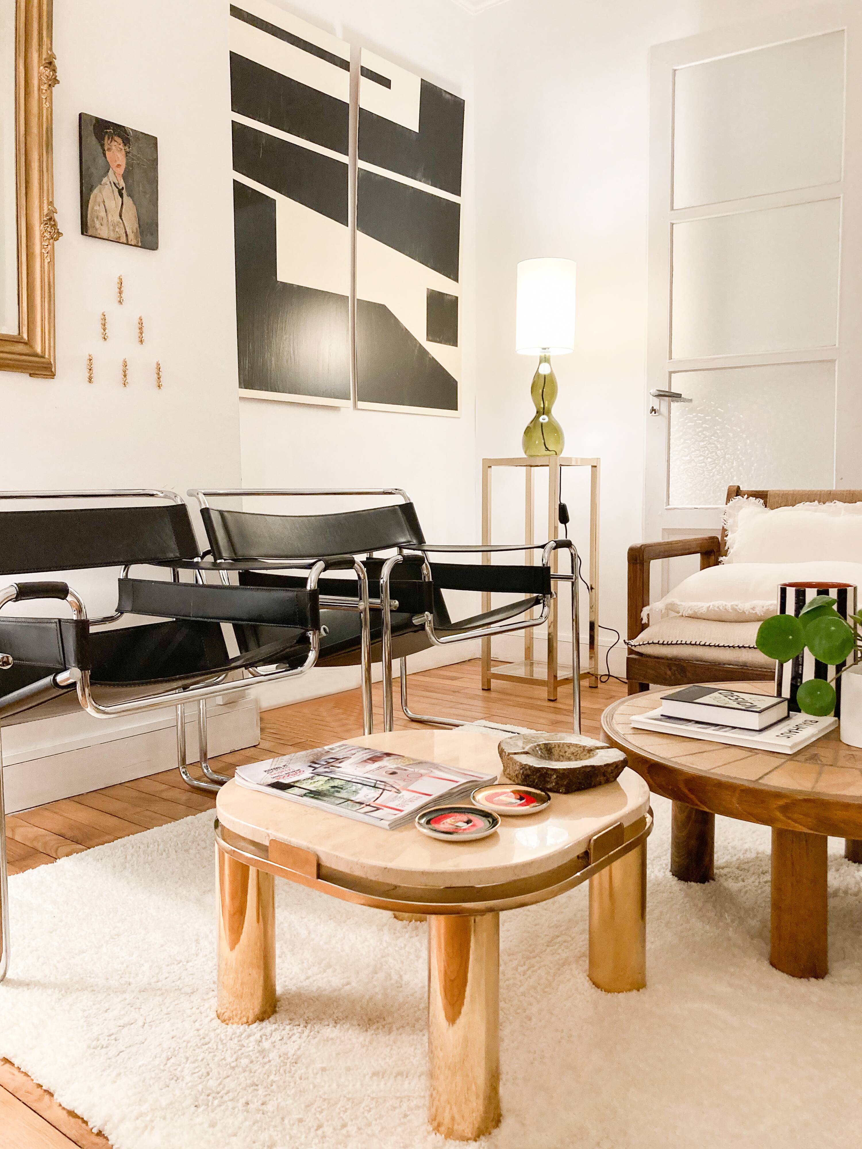 Travertine side table and vintage brass