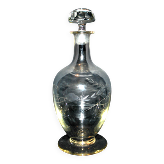 Vintage glass carafe engraved with flowers for Alsace wine 1950-1960