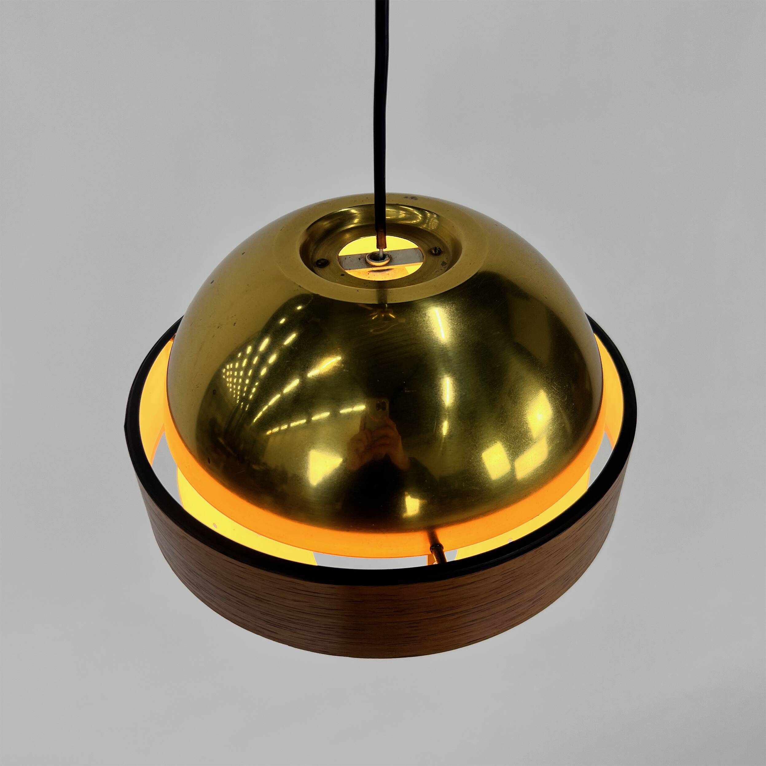 Mid Century Scandinavian Brass and Teak Pendant, 1960s