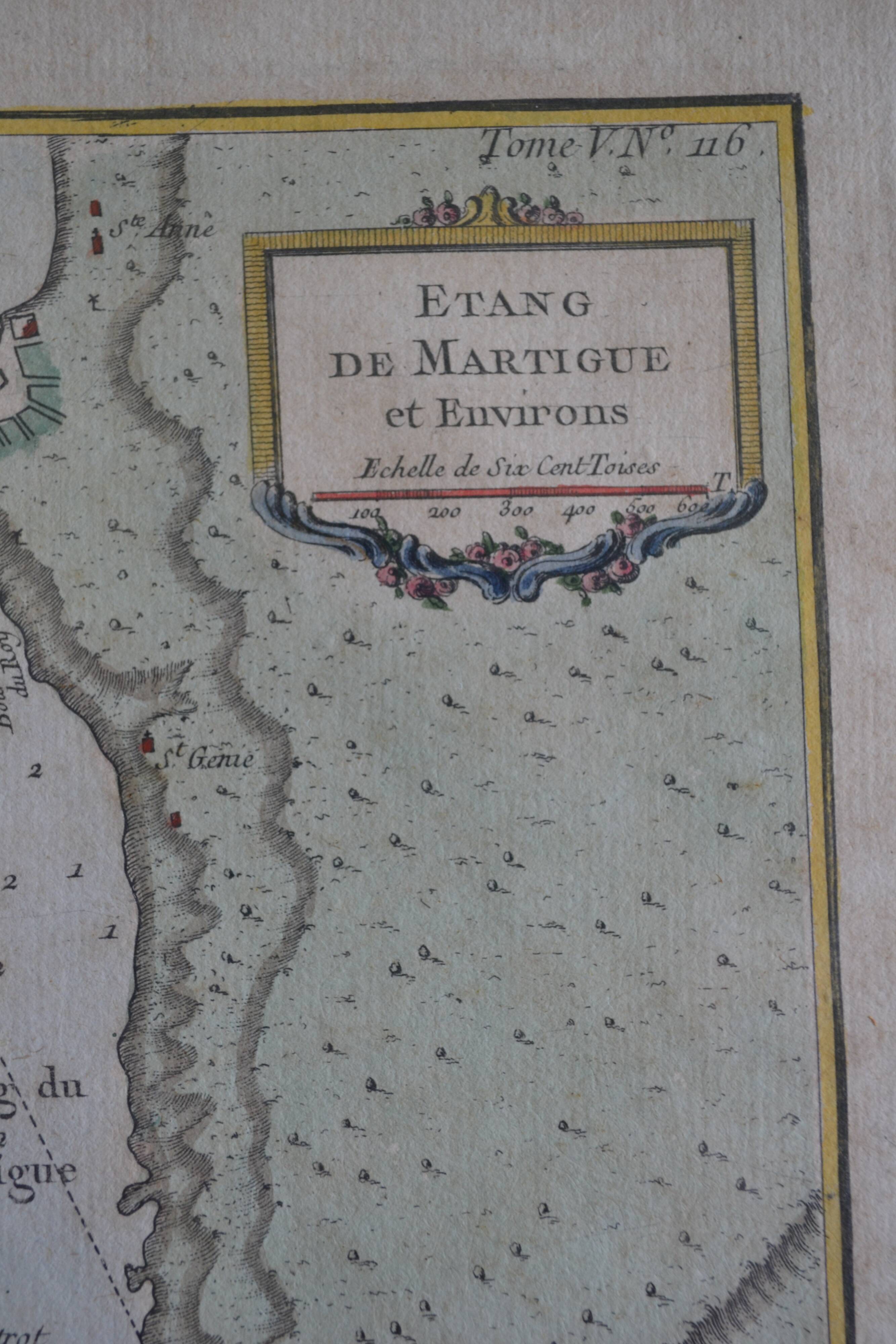 Martigues pond Old geographical map 18th century engraving 1764 by Bellin