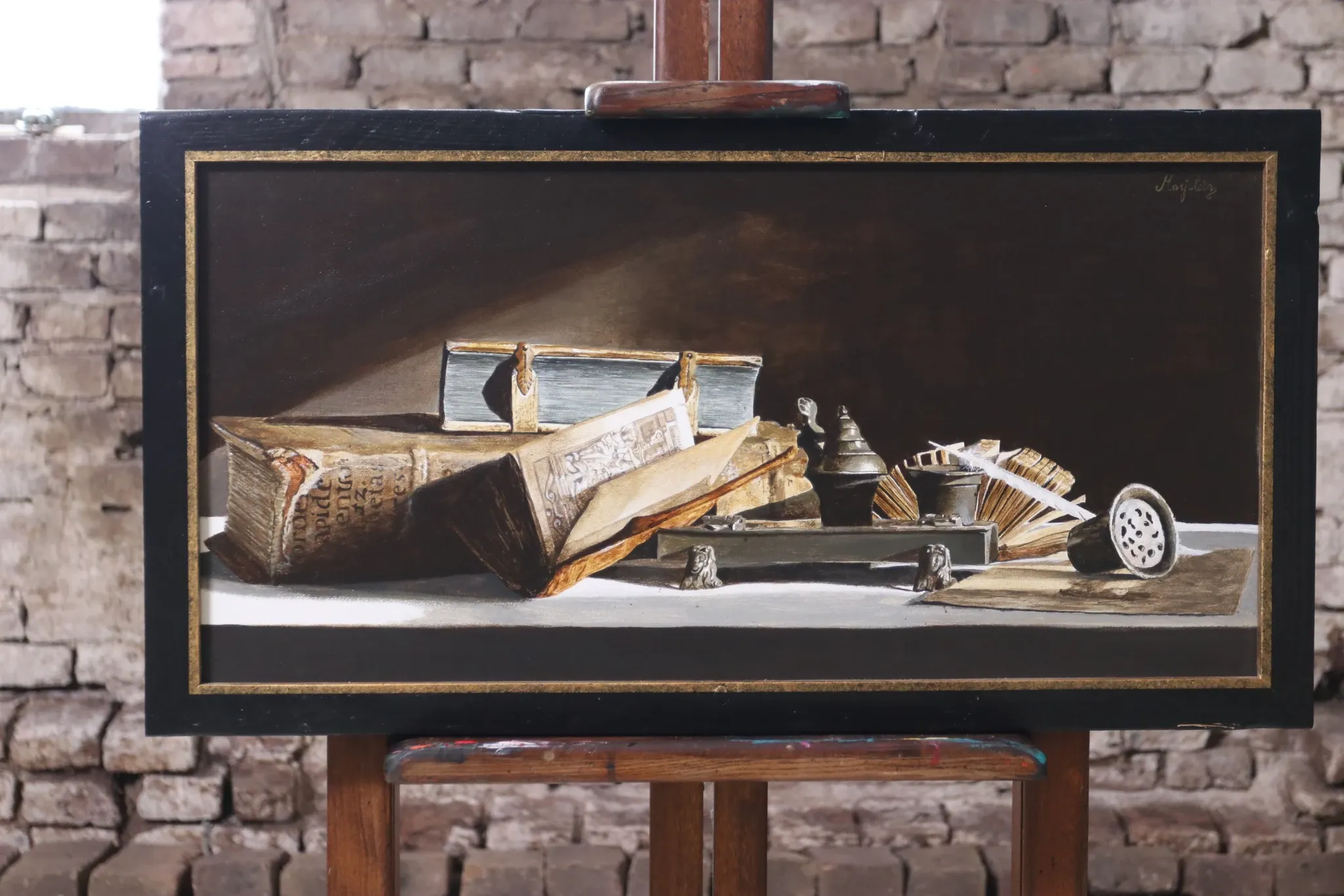 Still life with pewter inkstand and old books – Marjolein van den Berg