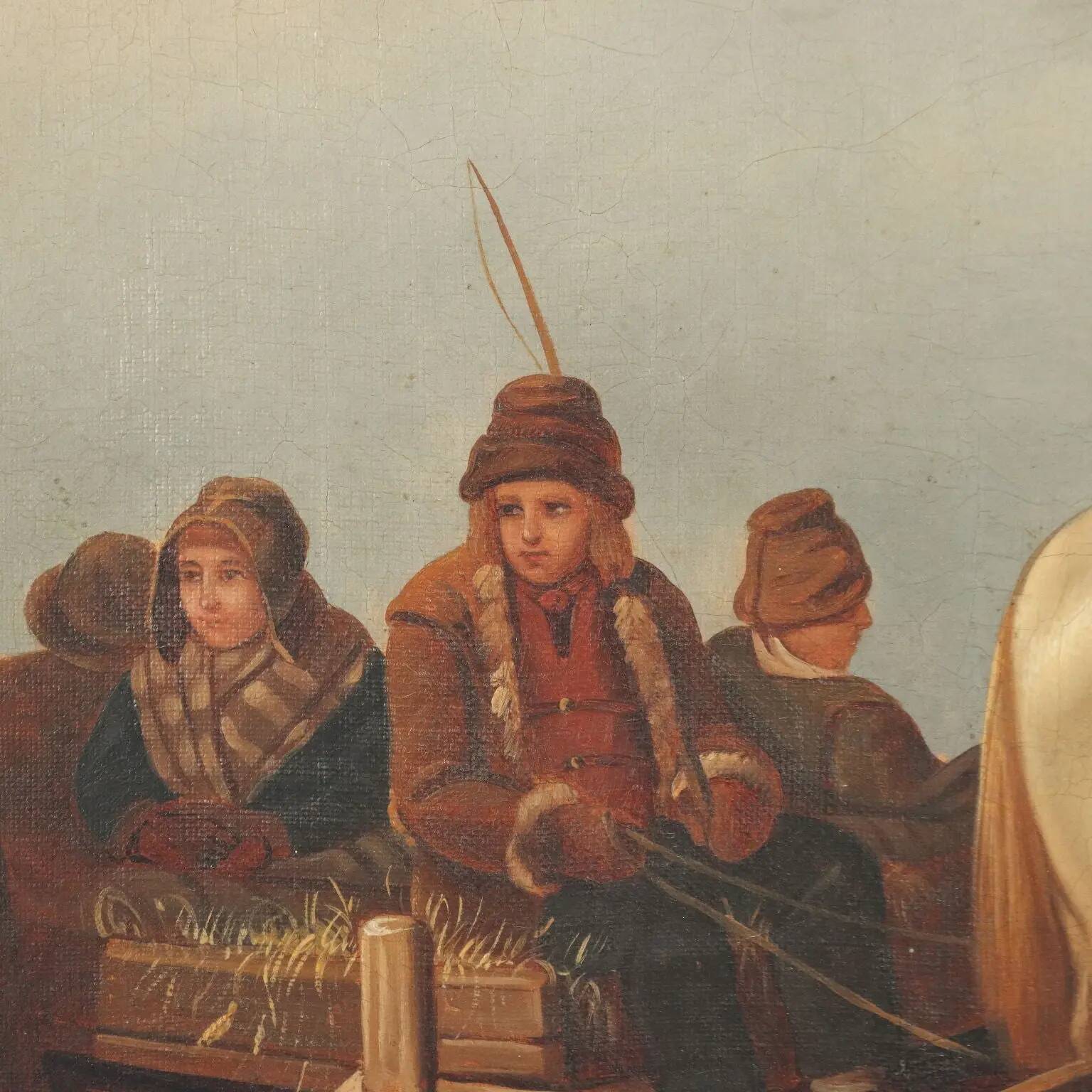 Ancient painting of a winter scene, oil on canvas, Northern Europe, 800s.
