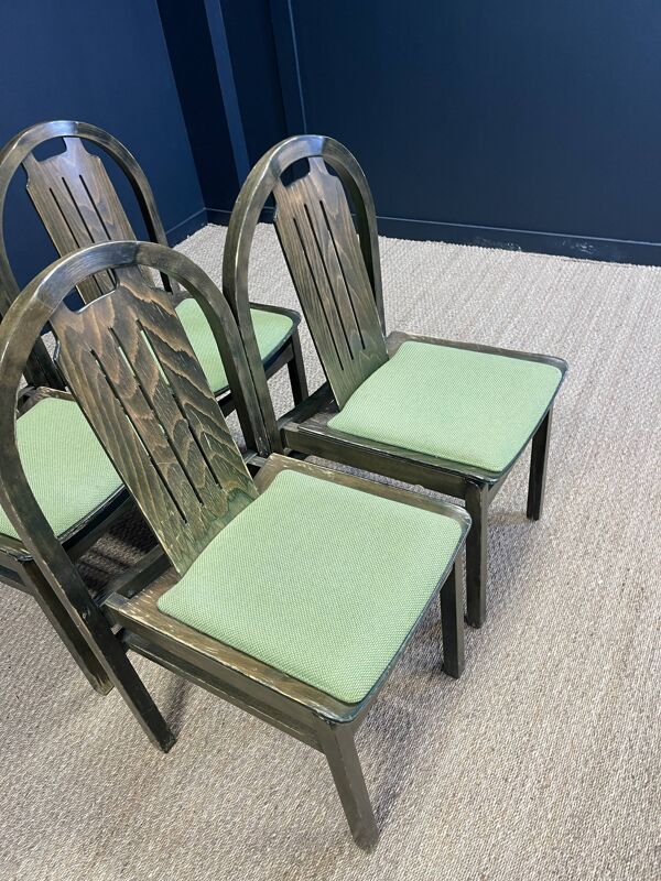 Ensemble de 4 chaises bistrot Baumann Argos bois et tissu vert années 80 France