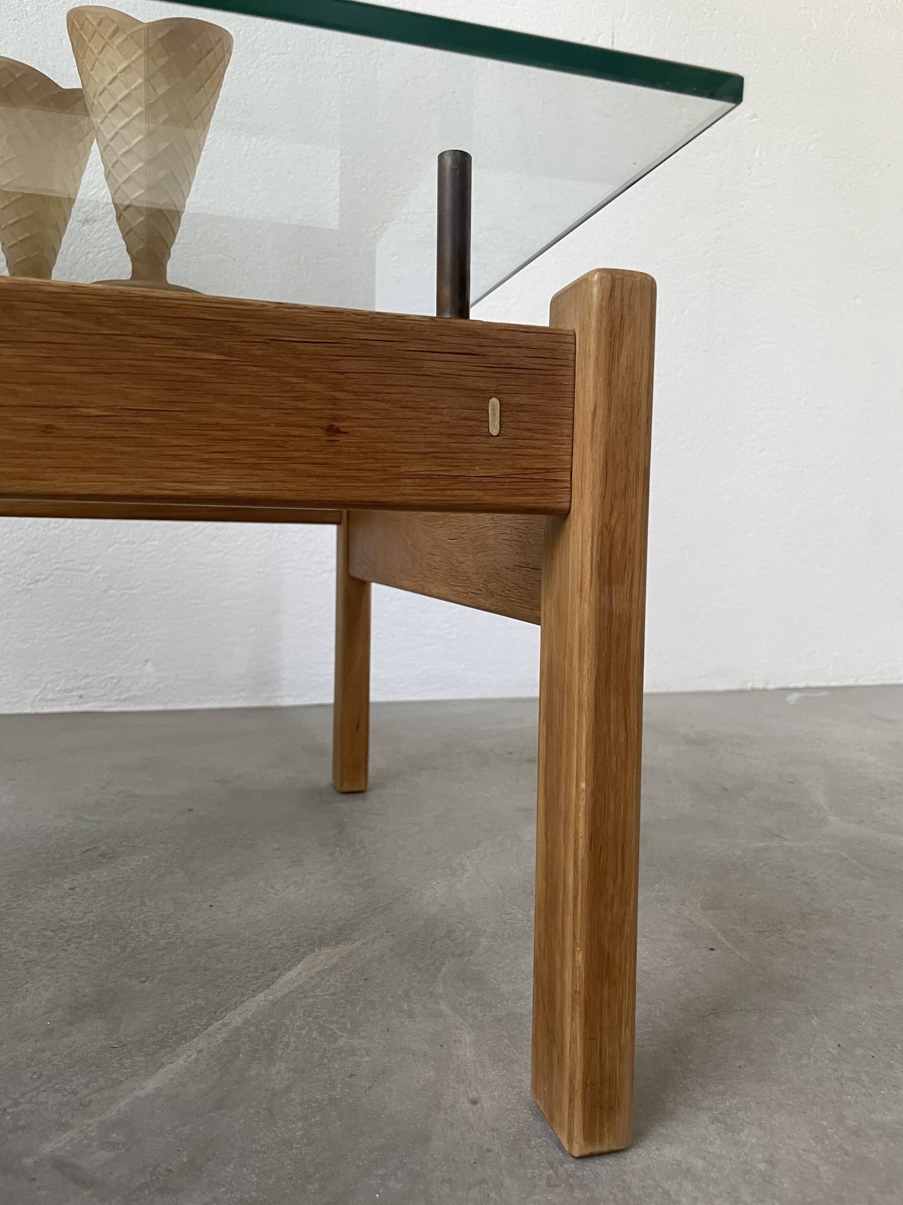 Table scandinave teck blond et verre 60