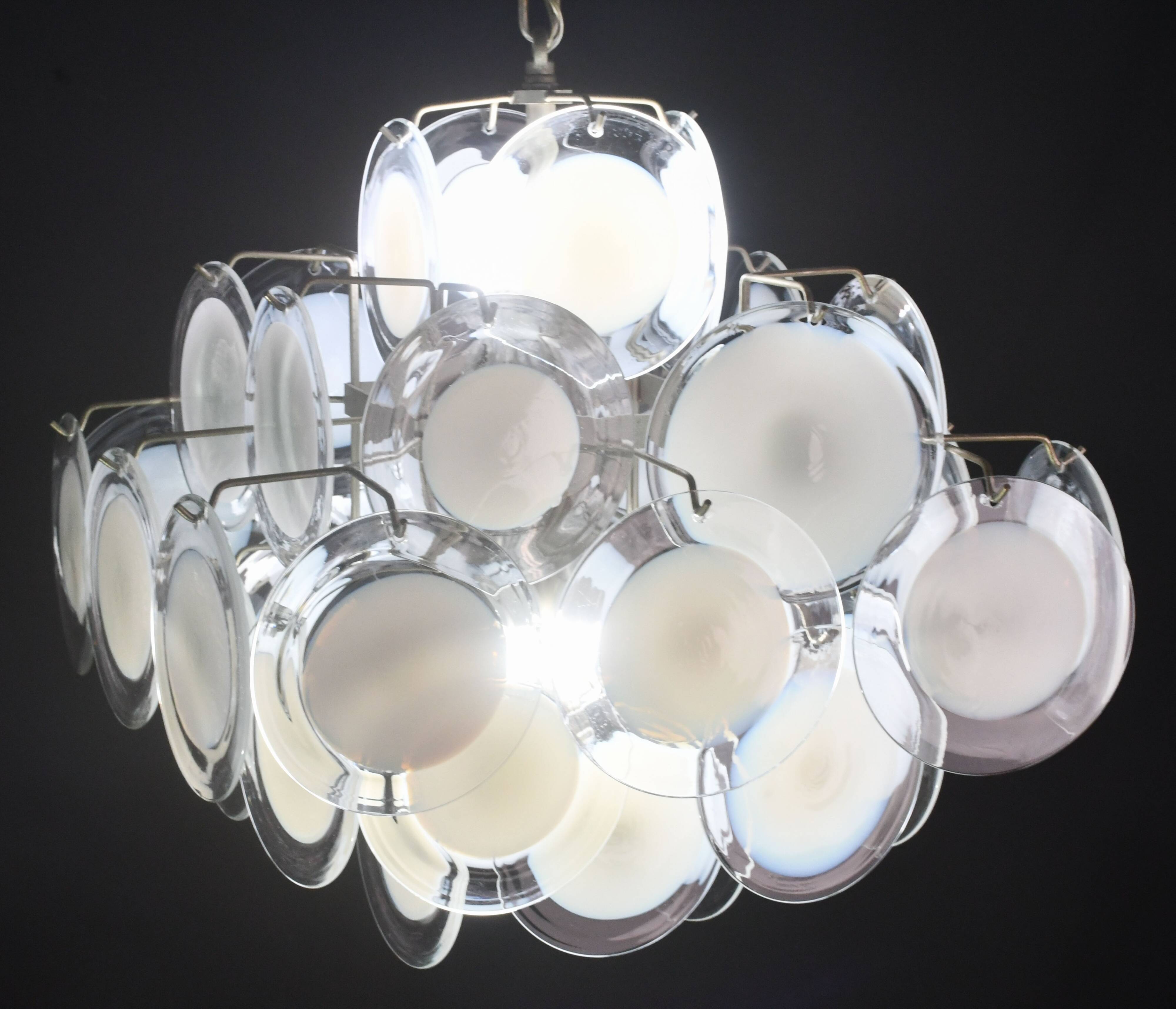 Large 36 Murano Glass White Disc Chandelier by Vistosi, 1970s