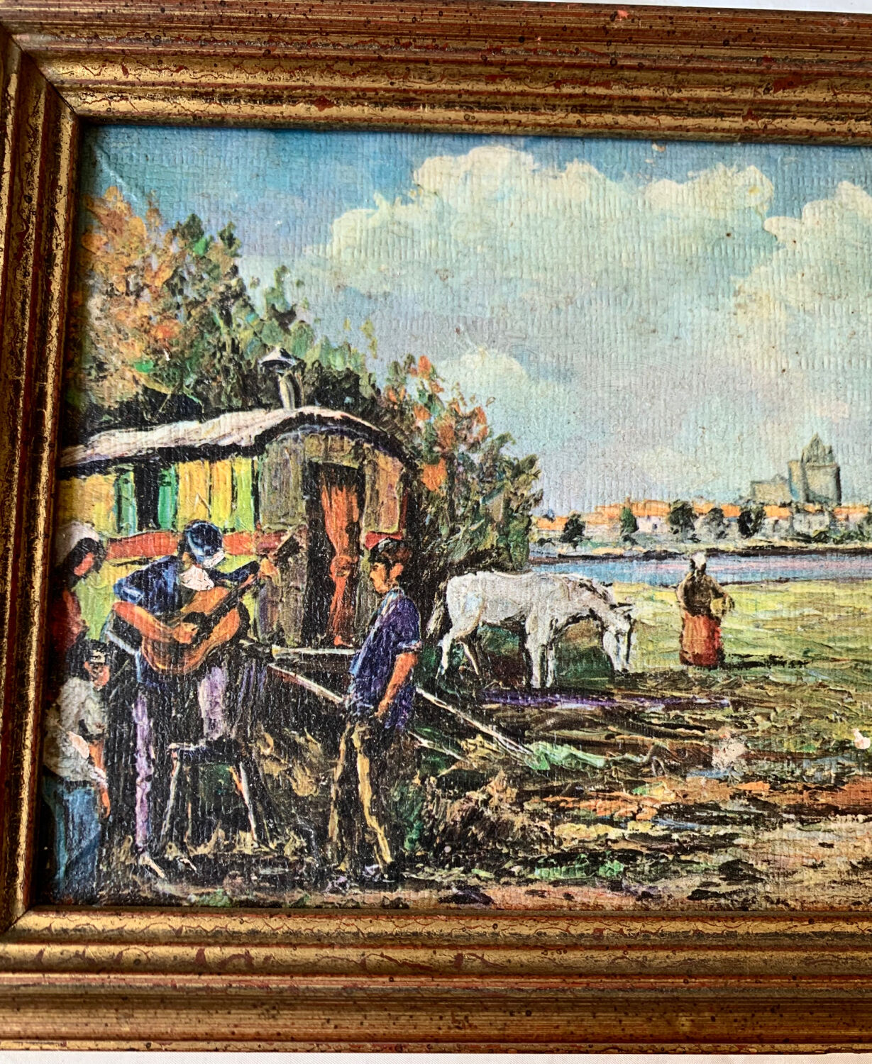 Ancienne peinture camp de gitans vintage