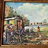 Ancienne peinture camp de gitans vintage