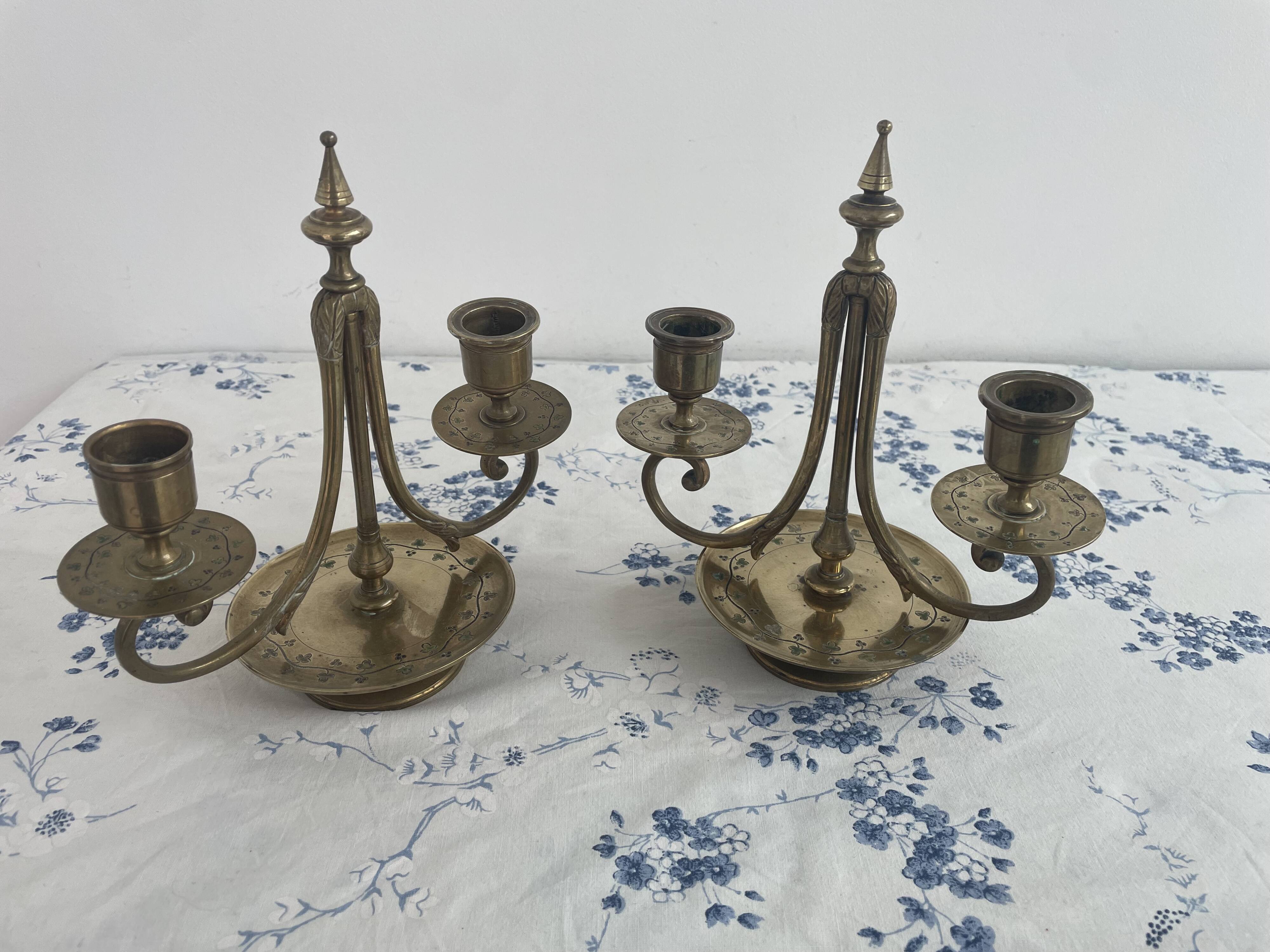 Pair of candlesticks, gilded and enamelled brass, Art Nouveau, early 20th century