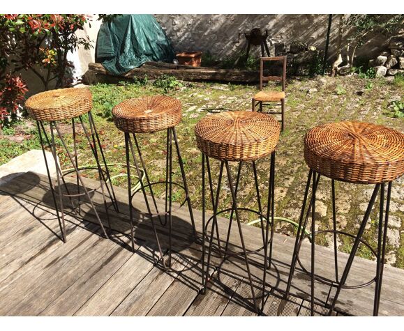 Rattan bar with 4 stools, French work of the 50s-60s | Selency