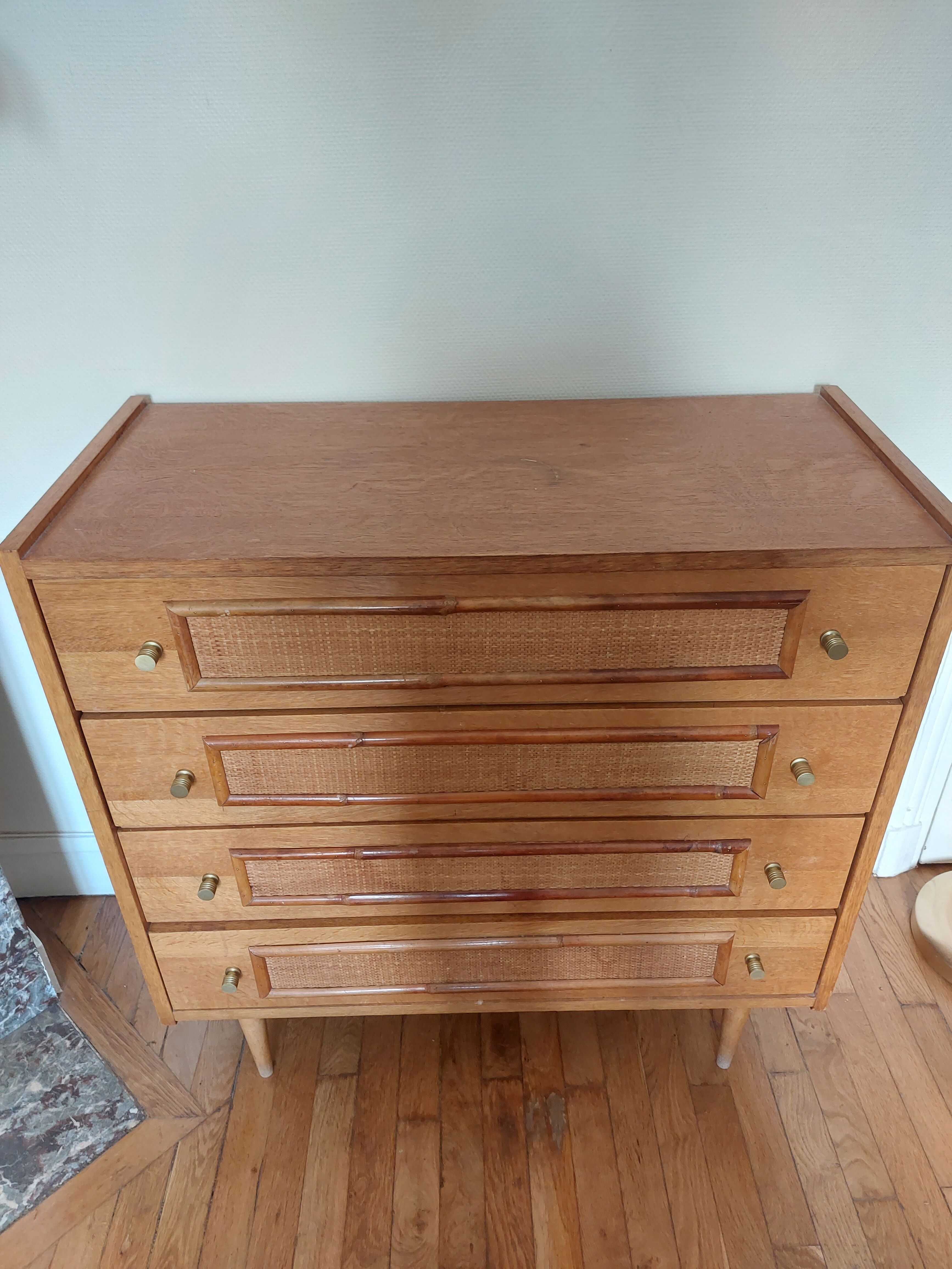 Vintage wood and rattan chest of drawers