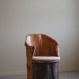Sculptural brutalist armchair handcrafted in solid pine, Wabi Sabi style, Sweden, 1970s.