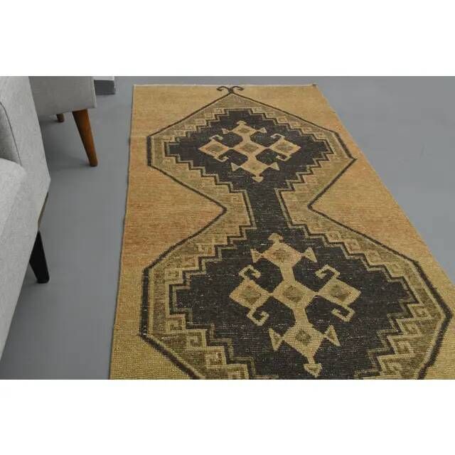 Vintage Turkish Hand-Knotted Wool Cotton Brass Runner Rug 95x432