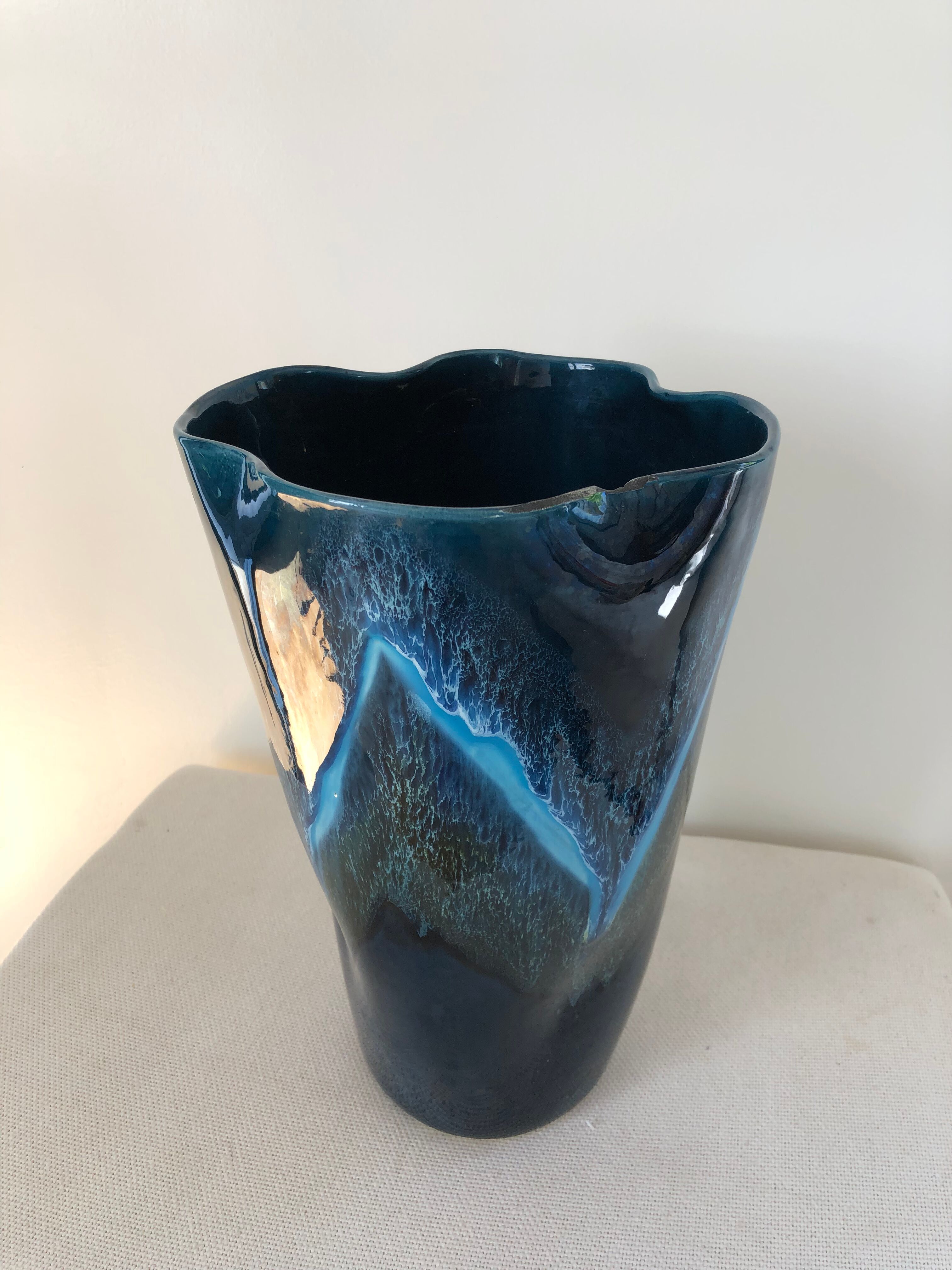 High ceramic vase glazed vintage blue
