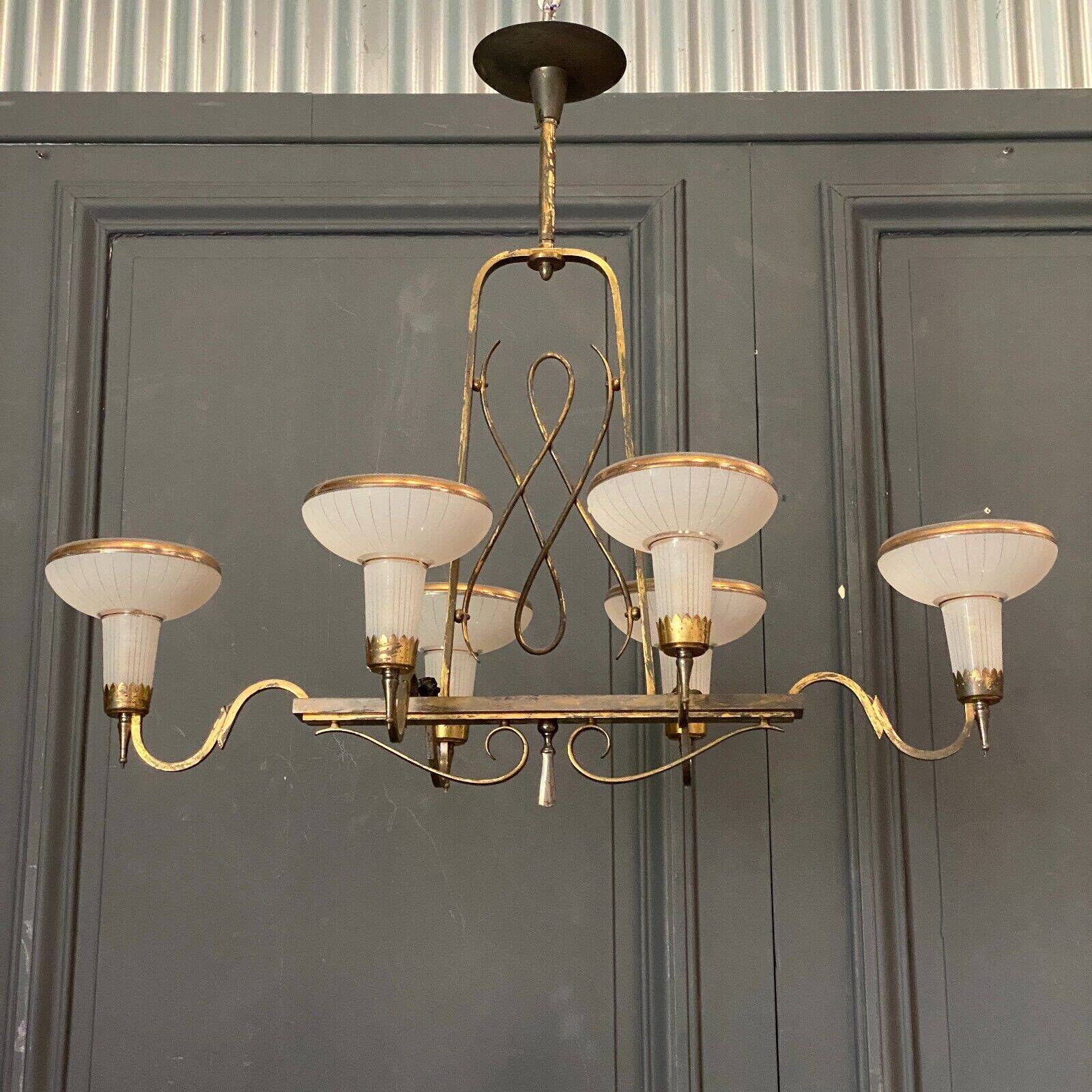 Chandelier in gilded metal 1950 6 lights cut in frosted glass