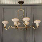 Chandelier in gilded metal 1950 6 lights cut in frosted glass
